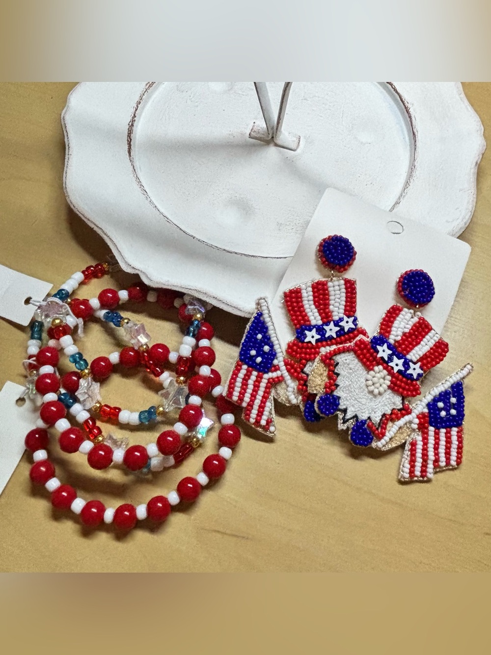 Patriotic Red White Blue Beaded Earrings and Bracelet Set